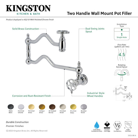 Webb KS2102RKX Two-Handle 1-Hole Wall Mount Pot Filler with Knurled Handle, Polished Brass