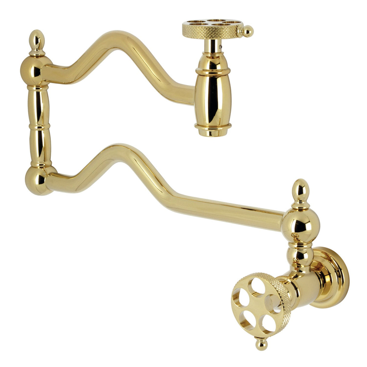 Webb KS2102RKX Two-Handle 1-Hole Wall Mount Pot Filler with Knurled Handle, Polished Brass