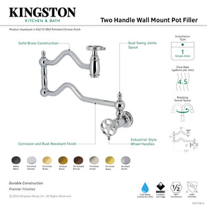 Wendell KS2102RKZ Two-Handle 1-Hole Wall Mount Pot Filler with Knurled Handle, Polished Brass