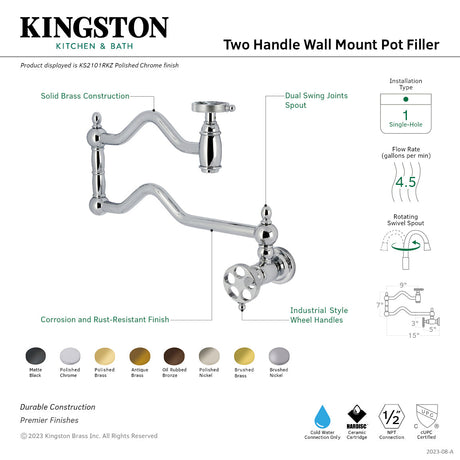 Wendell KS2102RKZ Two-Handle 1-Hole Wall Mount Pot Filler with Knurled Handle, Polished Brass