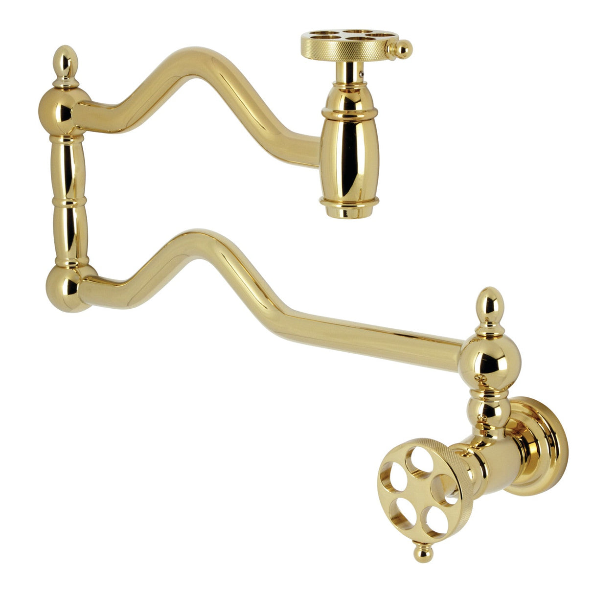 Wendell KS2102RKZ Two-Handle 1-Hole Wall Mount Pot Filler with Knurled Handle, Polished Brass