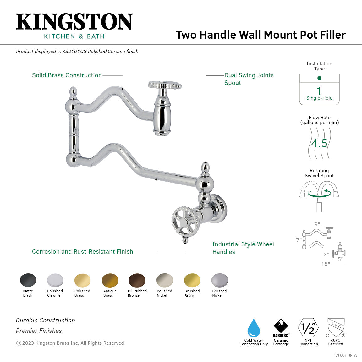 Fuller KS2108CG Two-Handle Pot Filler, Brushed Nickel