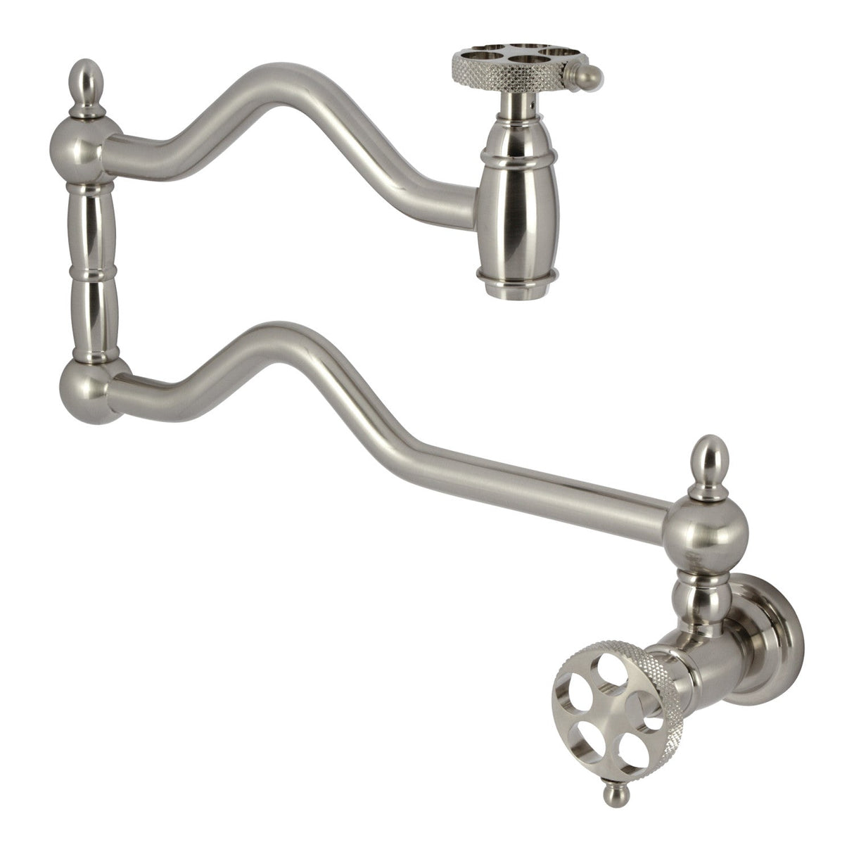 Webb KS2108RKX Two-Handle 1-Hole Wall Mount Pot Filler with Knurled Handle, Brushed Nickel