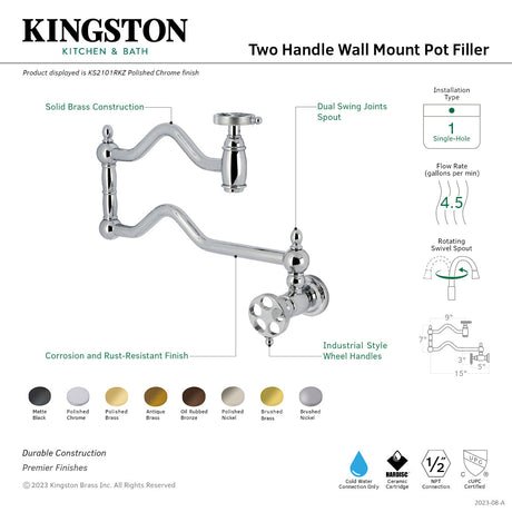 Wendell KS2108RKZ Two-Handle 1-Hole Wall Mount Pot Filler with Knurled Handle, Brushed Nickel