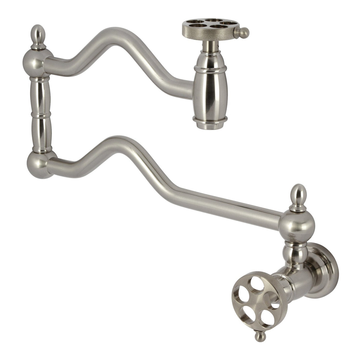 Wendell KS2108RKZ Two-Handle 1-Hole Wall Mount Pot Filler with Knurled Handle, Brushed Nickel