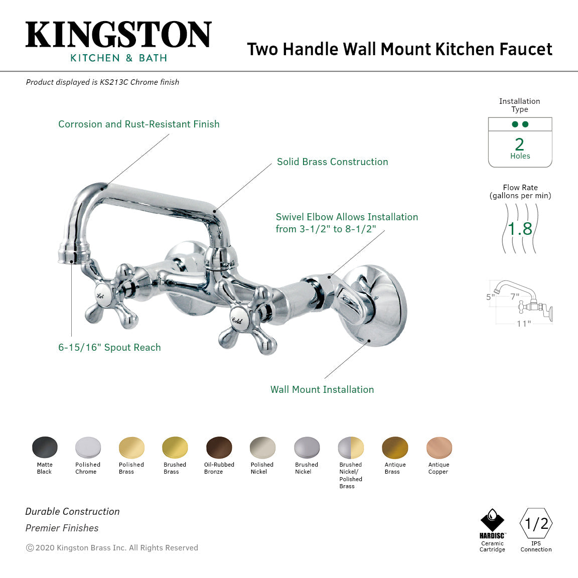 Kingston KS213C Two-Handle 2-Hole Wall Mount Kitchen Faucet, Polished Chrome