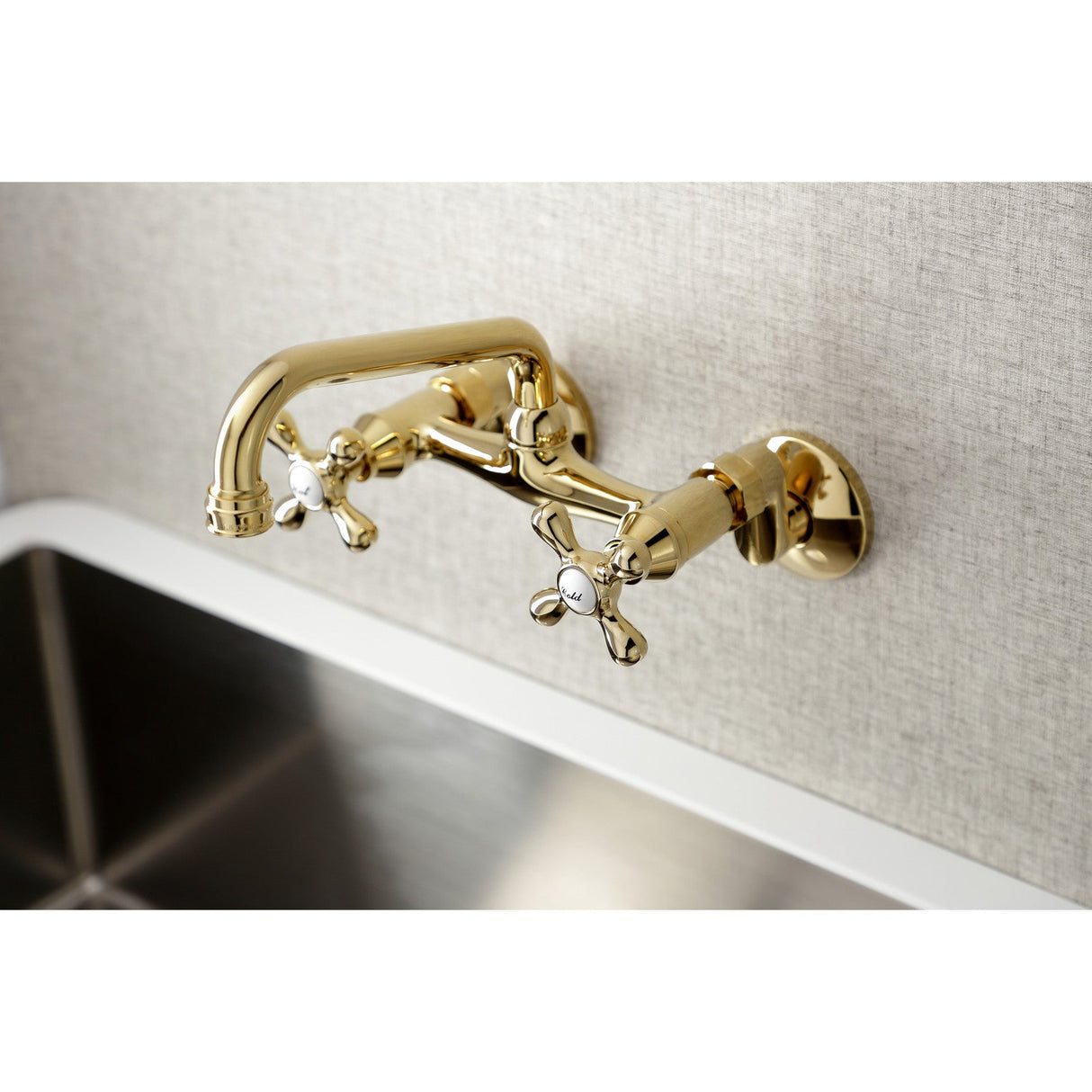 Kingston KS213PB Two-Handle 2-Hole Wall Mount Kitchen Faucet, Polished Brass