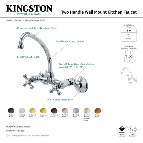 Kingston KS214SNPB Two-Handle 2-Hole Wall Mount Kitchen Faucet, Brushed Nickel/Polished Brass