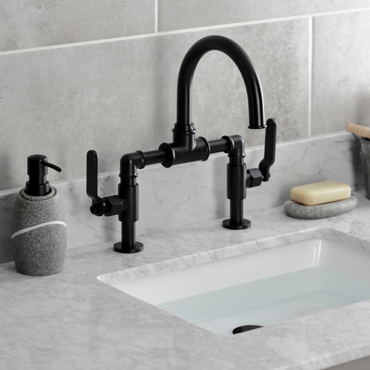 Whitaker KS2170KL Two-Handle 2-Hole Deck Mount Bridge Bathroom Faucet with Pop-Up Drain, Matte Black