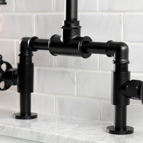 Webb KS2170RKX Two-Handle 2-Hole Deck Mount Bridge Bathroom Faucet with Knurled Handle and Push Pop-Up Drain, Matte Black