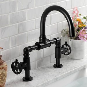 Webb KS2170RKX Two-Handle 2-Hole Deck Mount Bridge Bathroom Faucet with Knurled Handle and Push Pop-Up Drain, Matte Black