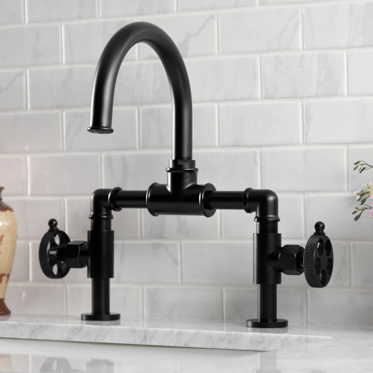 Webb KS2170RKX Two-Handle 2-Hole Deck Mount Bridge Bathroom Faucet with Knurled Handle and Push Pop-Up Drain, Matte Black