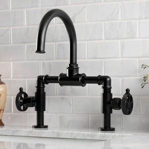 Webb KS2170RKX Two-Handle 2-Hole Deck Mount Bridge Bathroom Faucet with Knurled Handle and Push Pop-Up Drain, Matte Black