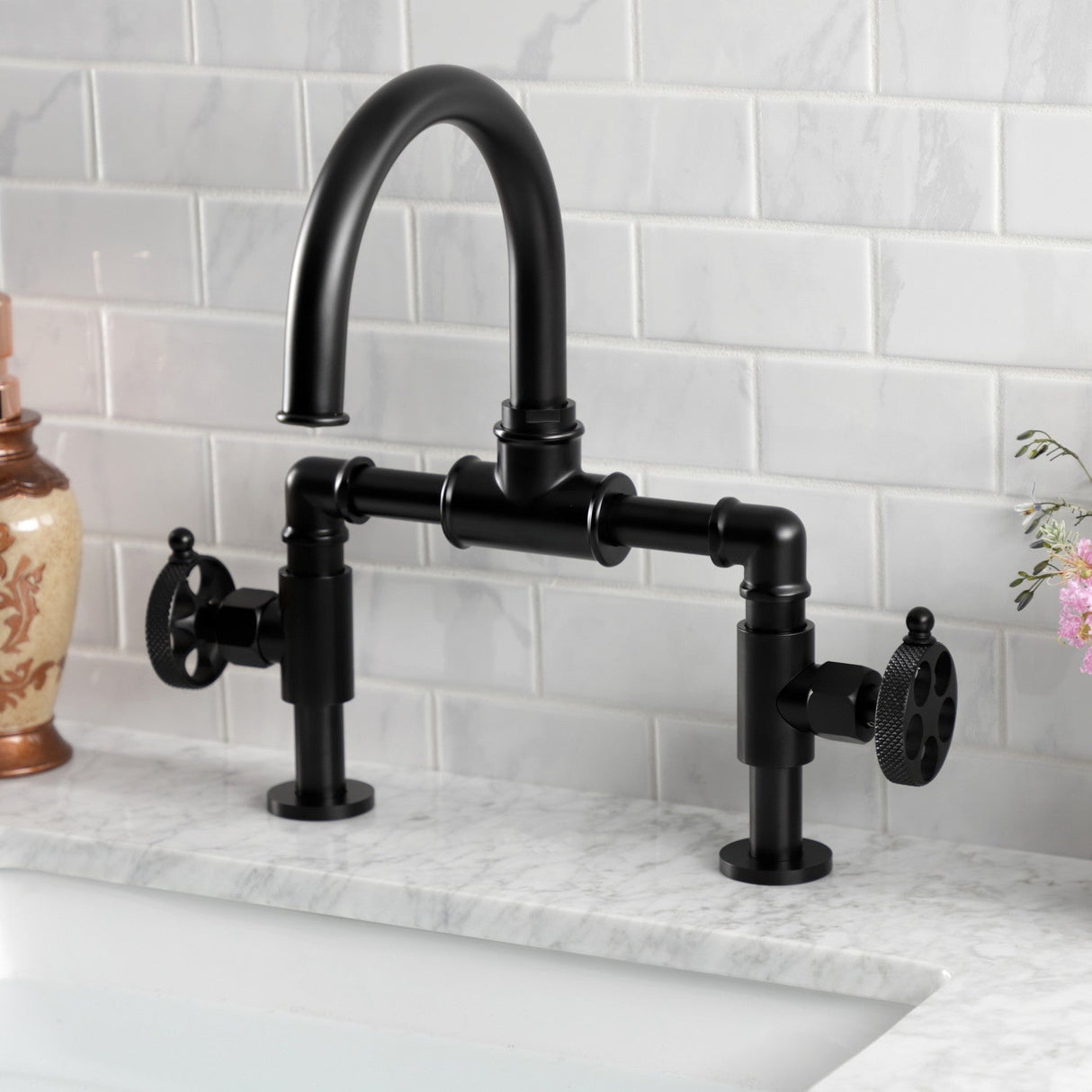 Webb KS2170RKX Two-Handle 2-Hole Deck Mount Bridge Bathroom Faucet with Knurled Handle and Push Pop-Up Drain, Matte Black