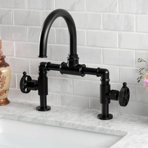 Webb KS2170RKX Two-Handle 2-Hole Deck Mount Bridge Bathroom Faucet with Knurled Handle and Push Pop-Up Drain, Matte Black