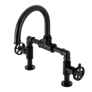 Webb KS2170RKX Two-Handle 2-Hole Deck Mount Bridge Bathroom Faucet with Knurled Handle and Push Pop-Up Drain, Matte Black