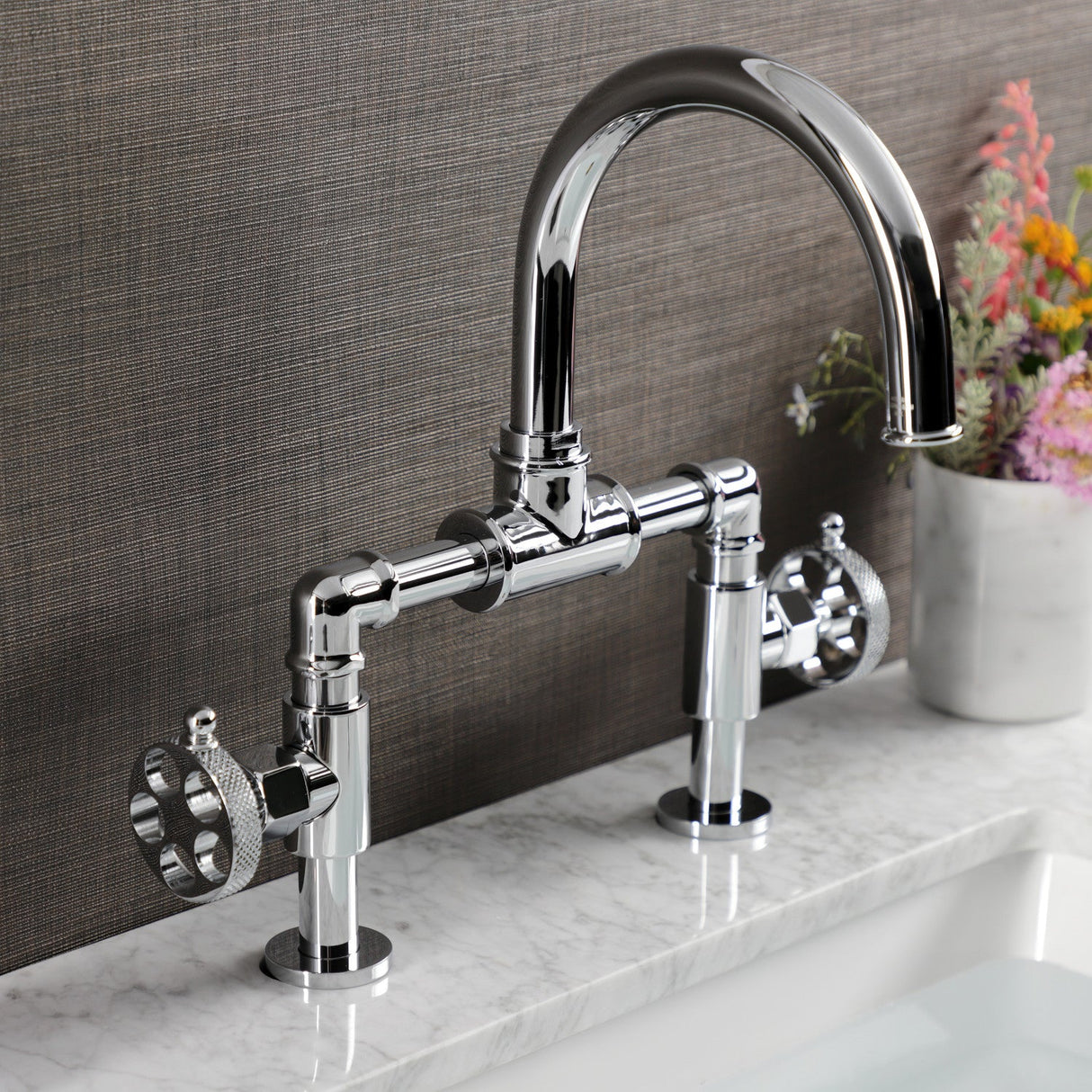 Webb KS2171RKX Two-Handle 2-Hole Deck Mount Bridge Bathroom Faucet with Knurled Handle and Push Pop-Up Drain, Polished Chrome