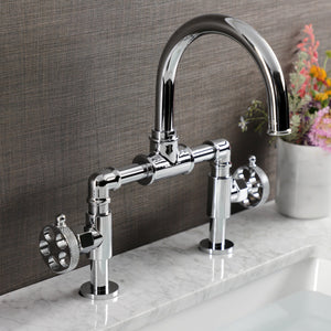Webb KS2171RKX Two-Handle 2-Hole Deck Mount Bridge Bathroom Faucet with Knurled Handle and Push Pop-Up Drain, Polished Chrome