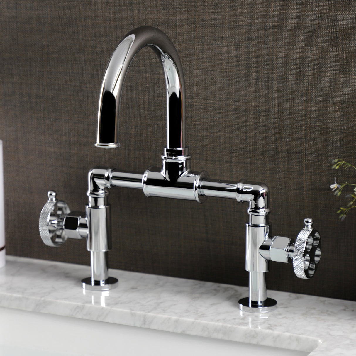 Webb KS2171RKX Two-Handle 2-Hole Deck Mount Bridge Bathroom Faucet with Knurled Handle and Push Pop-Up Drain, Polished Chrome