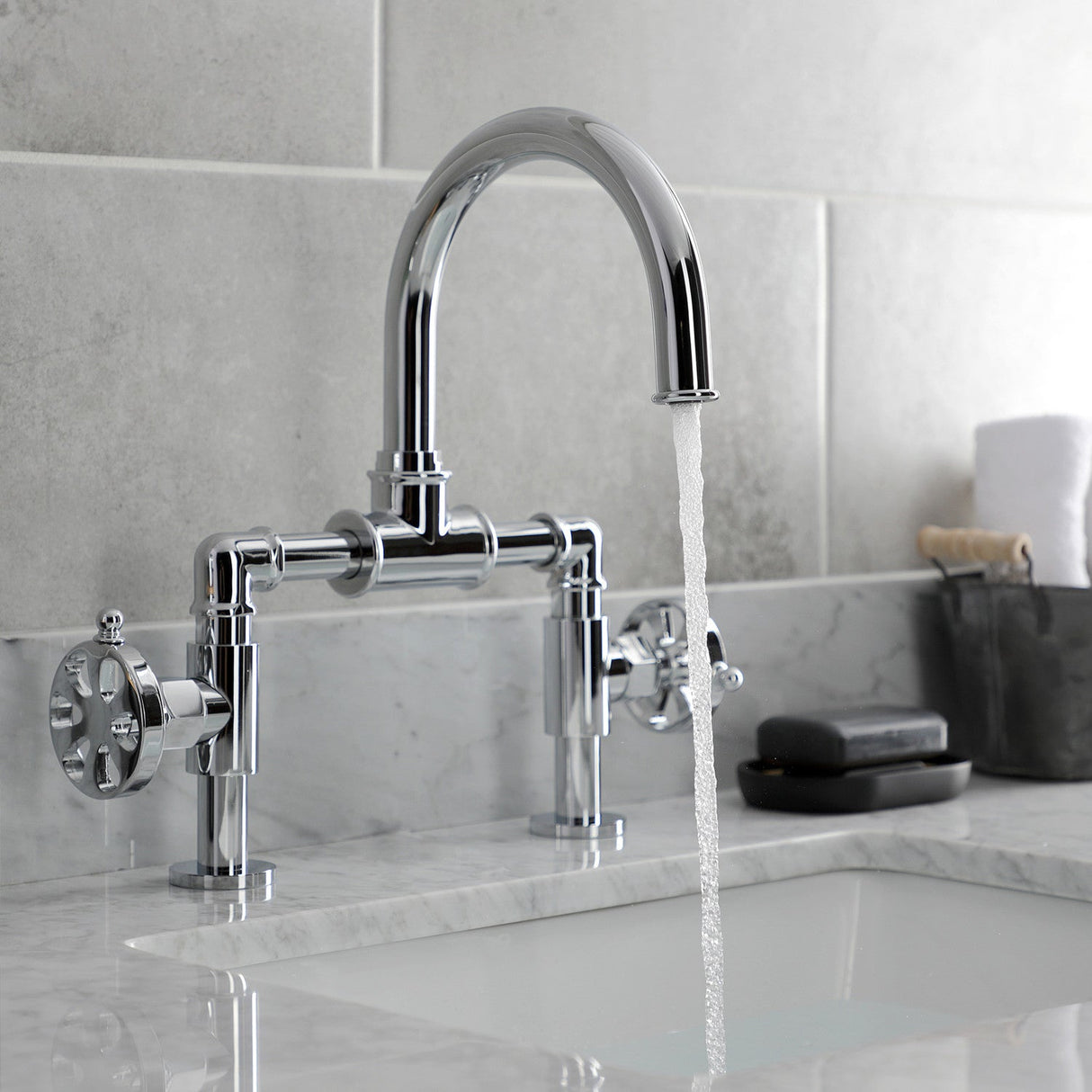 Belknap KS2171RX Two-Handle 2-Hole Deck Mount Bridge Bathroom Faucet with Pop-Up Drain, Polished Chrome