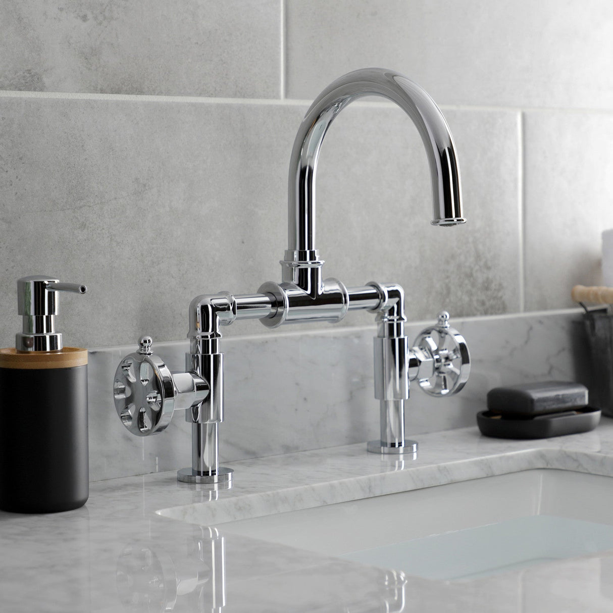 Belknap KS2171RX Two-Handle 2-Hole Deck Mount Bridge Bathroom Faucet with Pop-Up Drain, Polished Chrome