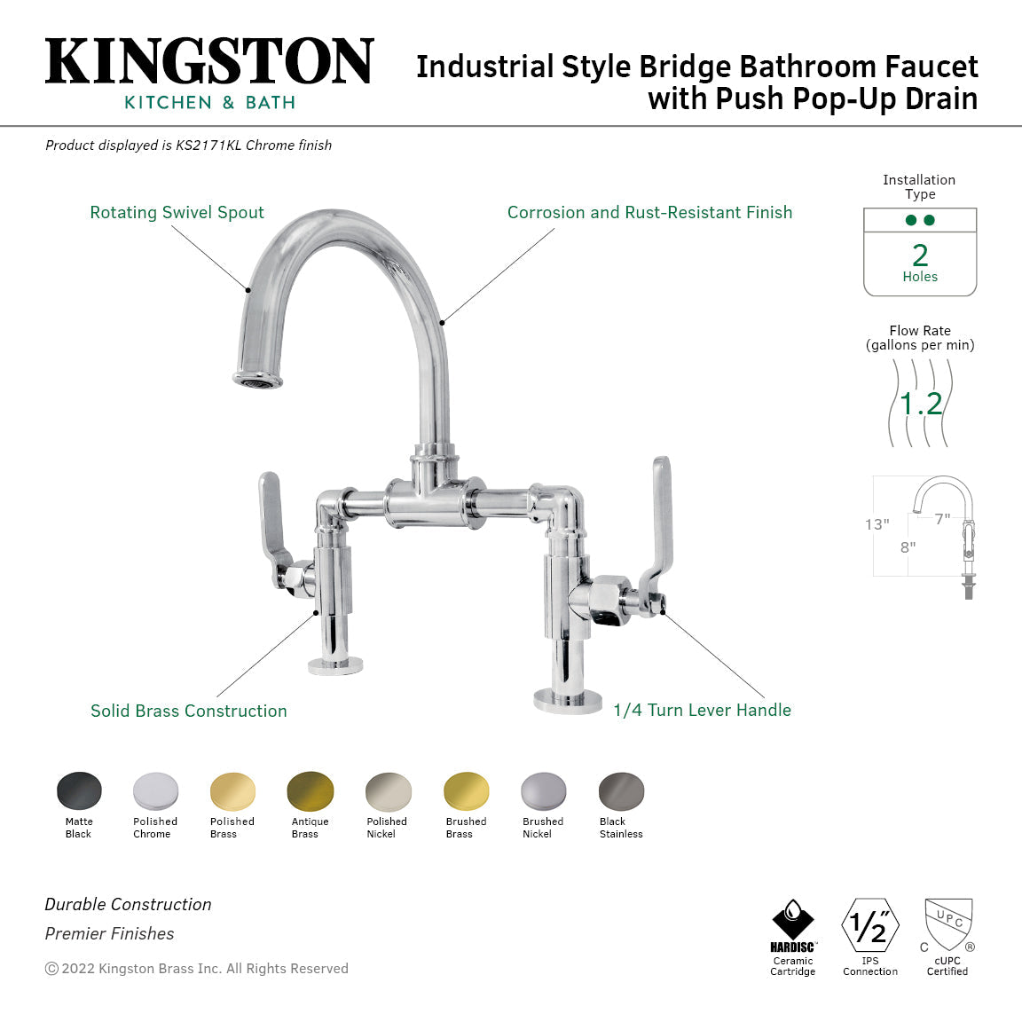 Whitaker KS2172KL Two-Handle 2-Hole Deck Mount Bridge Bathroom Faucet with Pop-Up Drain, Polished Brass