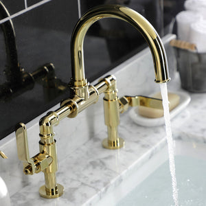 Whitaker KS2172KL Two-Handle 2-Hole Deck Mount Bridge Bathroom Faucet with Pop-Up Drain, Polished Brass