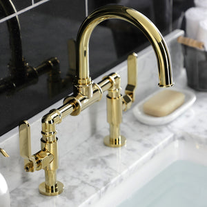 Whitaker KS2172KL Two-Handle 2-Hole Deck Mount Bridge Bathroom Faucet with Pop-Up Drain, Polished Brass