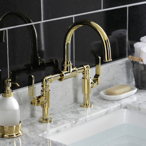 Whitaker KS2172KL Two-Handle 2-Hole Deck Mount Bridge Bathroom Faucet with Pop-Up Drain, Polished Brass