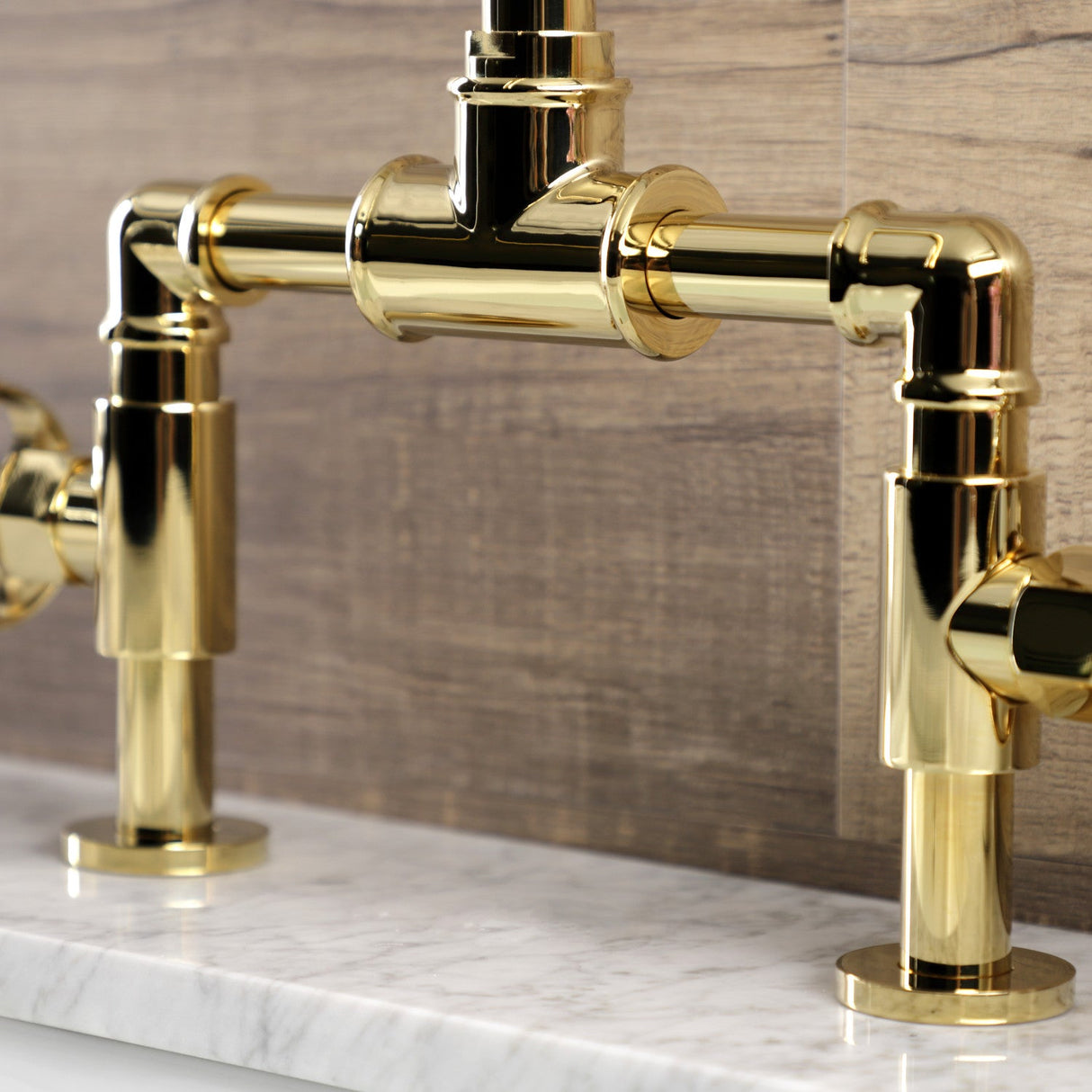 Webb KS2172RKX Two-Handle 2-Hole Deck Mount Bridge Bathroom Faucet with Knurled Handle and Push Pop-Up Drain, Polished Brass