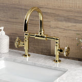 Webb KS2172RKX Two-Handle 2-Hole Deck Mount Bridge Bathroom Faucet with Knurled Handle and Push Pop-Up Drain, Polished Brass