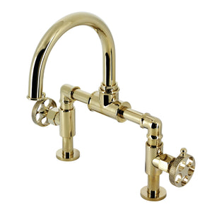 Webb KS2172RKX Two-Handle 2-Hole Deck Mount Bridge Bathroom Faucet with Knurled Handle and Push Pop-Up Drain, Polished Brass