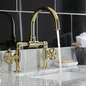 Belknap KS2172RX Two-Handle 2-Hole Deck Mount Bridge Bathroom Faucet with Pop-Up Drain, Polished Brass