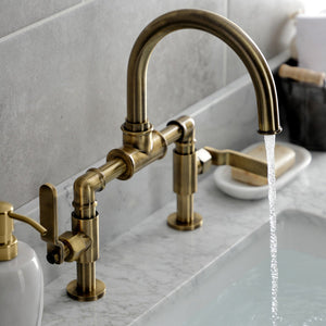 Whitaker KS2173KL Two-Handle 2-Hole Deck Mount Bridge Bathroom Faucet with Pop-Up Drain, Antique Brass
