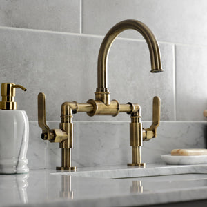Whitaker KS2173KL Two-Handle 2-Hole Deck Mount Bridge Bathroom Faucet with Pop-Up Drain, Antique Brass