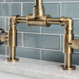 Webb KS2173RKX Two-Handle 2-Hole Deck Mount Bridge Bathroom Faucet with Knurled Handle and Push Pop-Up Drain, Antique Brass