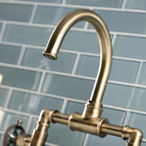 Webb KS2173RKX Two-Handle 2-Hole Deck Mount Bridge Bathroom Faucet with Knurled Handle and Push Pop-Up Drain, Antique Brass