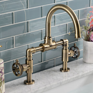Webb KS2173RKX Two-Handle 2-Hole Deck Mount Bridge Bathroom Faucet with Knurled Handle and Push Pop-Up Drain, Antique Brass