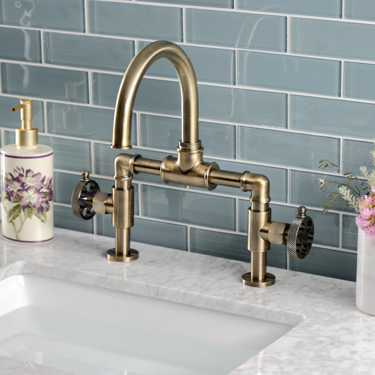 Webb KS2173RKX Two-Handle 2-Hole Deck Mount Bridge Bathroom Faucet with Knurled Handle and Push Pop-Up Drain, Antique Brass