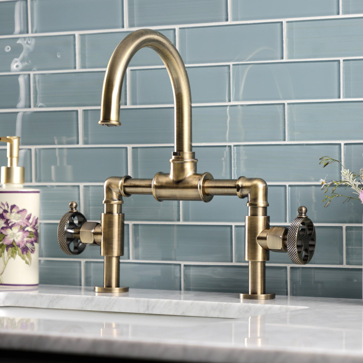 Webb KS2173RKX Two-Handle 2-Hole Deck Mount Bridge Bathroom Faucet with Knurled Handle and Push Pop-Up Drain, Antique Brass