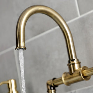 Belknap KS2173RX Two-Handle 2-Hole Deck Mount Bridge Bathroom Faucet with Pop-Up Drain, Antique Brass