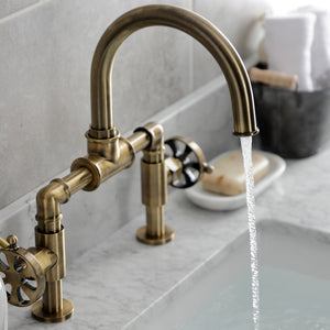 Belknap KS2173RX Two-Handle 2-Hole Deck Mount Bridge Bathroom Faucet with Pop-Up Drain, Antique Brass