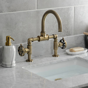Belknap KS2173RX Two-Handle 2-Hole Deck Mount Bridge Bathroom Faucet with Pop-Up Drain, Antique Brass