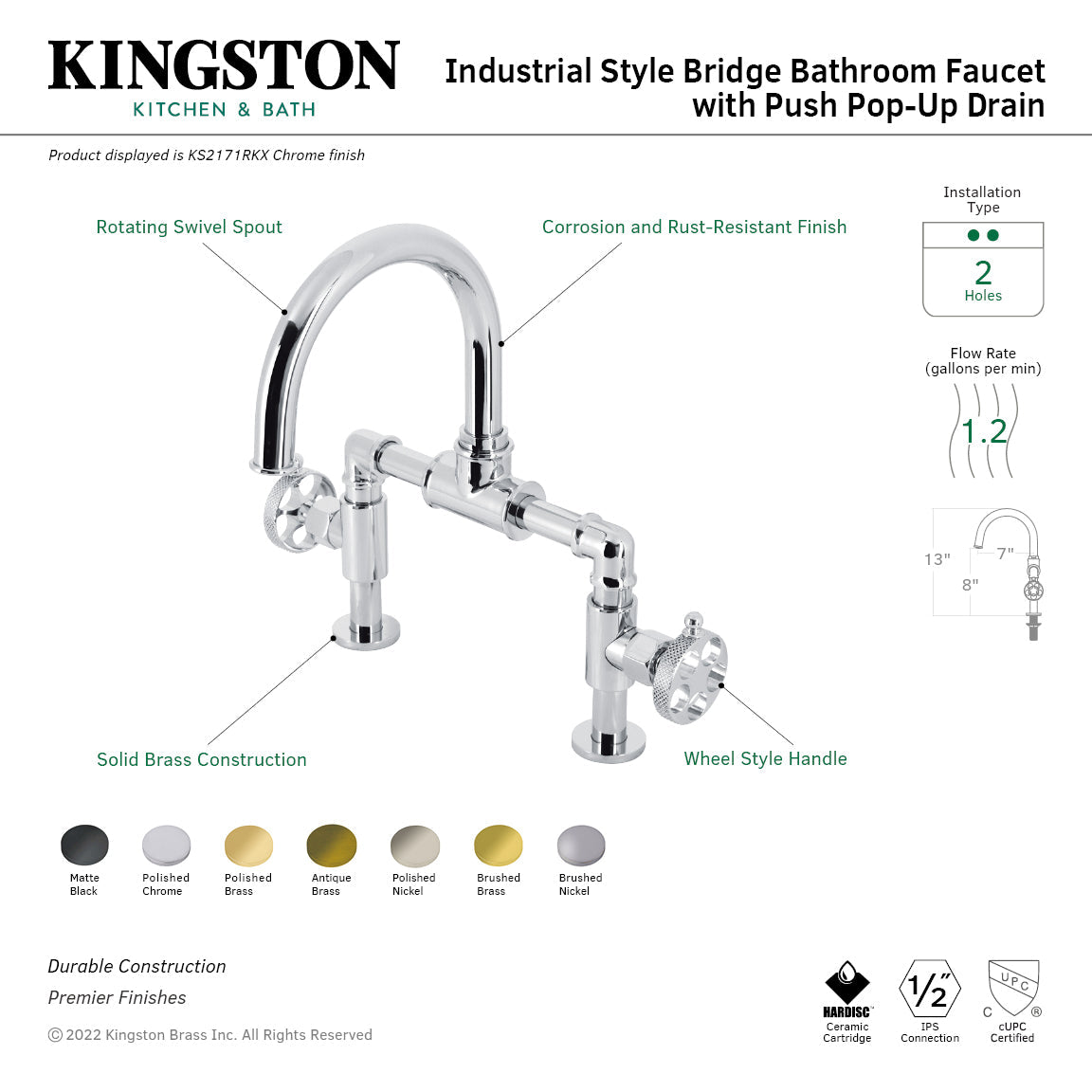 Webb KS2176RKX Two-Handle 2-Hole Deck Mount Bridge Bathroom Faucet with Knurled Handle and Push Pop-Up Drain, Polished Nickel