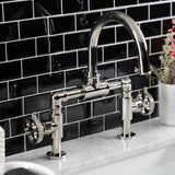 Webb KS2176RKX Two-Handle 2-Hole Deck Mount Bridge Bathroom Faucet with Knurled Handle and Push Pop-Up Drain, Polished Nickel