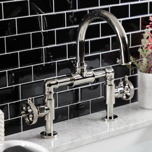 Webb KS2176RKX Two-Handle 2-Hole Deck Mount Bridge Bathroom Faucet with Knurled Handle and Push Pop-Up Drain, Polished Nickel