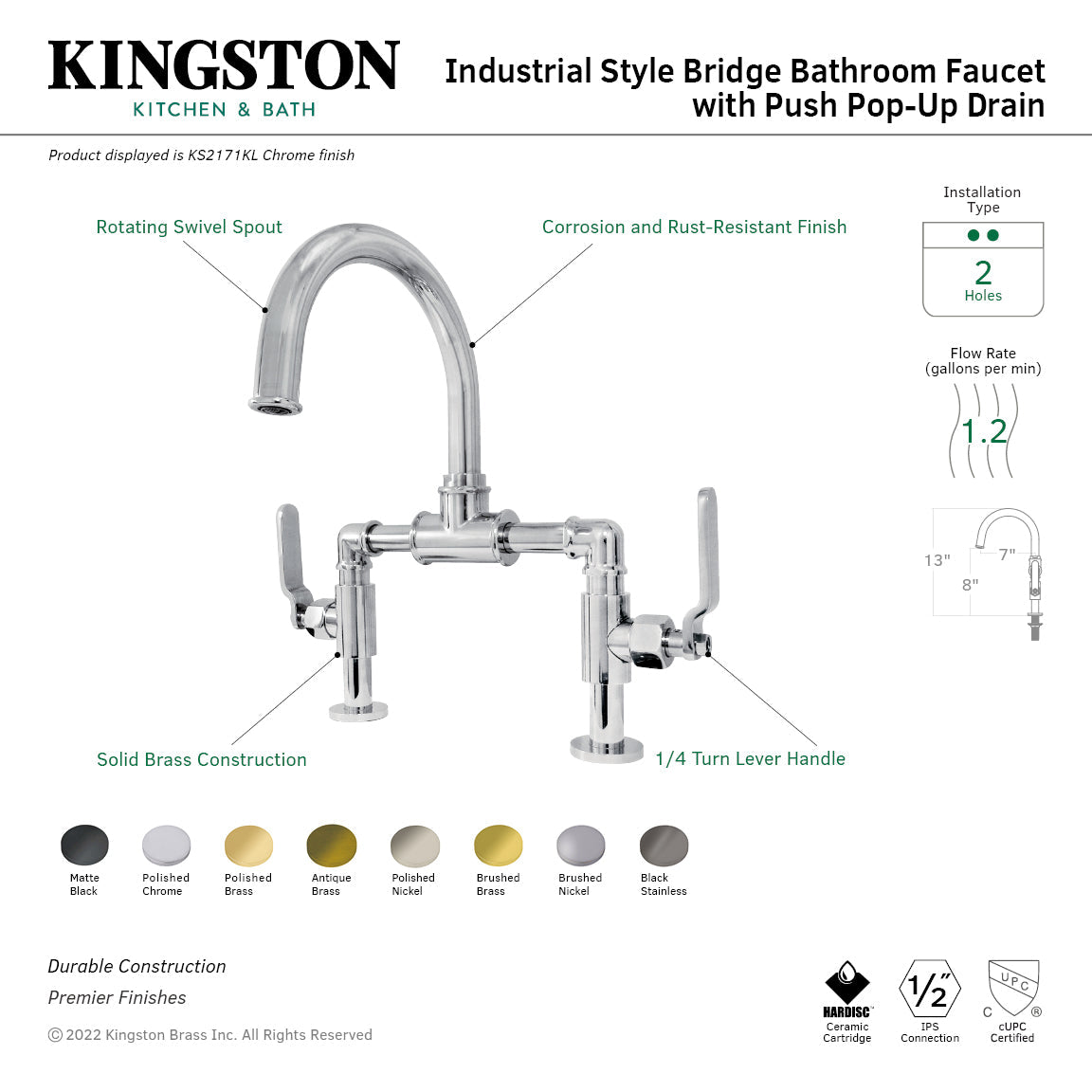 Whitaker KS2177KL Two-Handle 2-Hole Deck Mount Bridge Bathroom Faucet with Pop-Up Drain, Brushed Brass