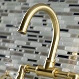 Webb KS2177RKX Two-Handle 2-Hole Deck Mount Bridge Bathroom Faucet with Knurled Handle and Push Pop-Up Drain, Brushed Brass