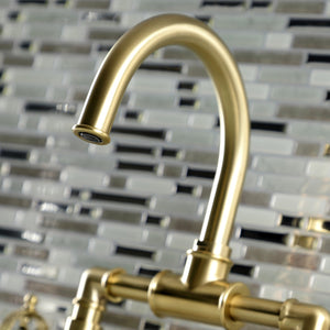 Webb KS2177RKX Two-Handle 2-Hole Deck Mount Bridge Bathroom Faucet with Knurled Handle and Push Pop-Up Drain, Brushed Brass