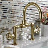Webb KS2177RKX Two-Handle 2-Hole Deck Mount Bridge Bathroom Faucet with Knurled Handle and Push Pop-Up Drain, Brushed Brass